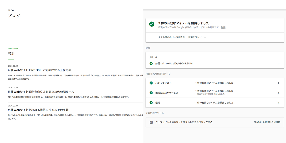 ステージ4 ブログページ 反映後の表示状態とリッチリザルト確認画面